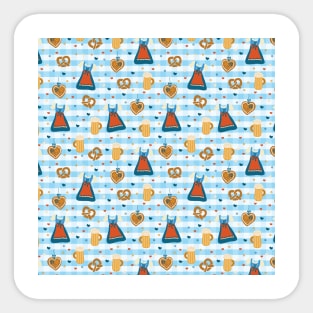 Oktoberfest print. Dirndl dress, beer glasses, pretzels, and gingerbread hearts on a blue and white checkered background. Sticker